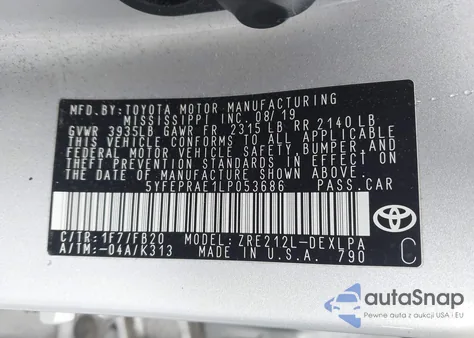 2020 Toyota Corolla Le from USA, damaged, VIN 5YFEPRAE1LP053686
